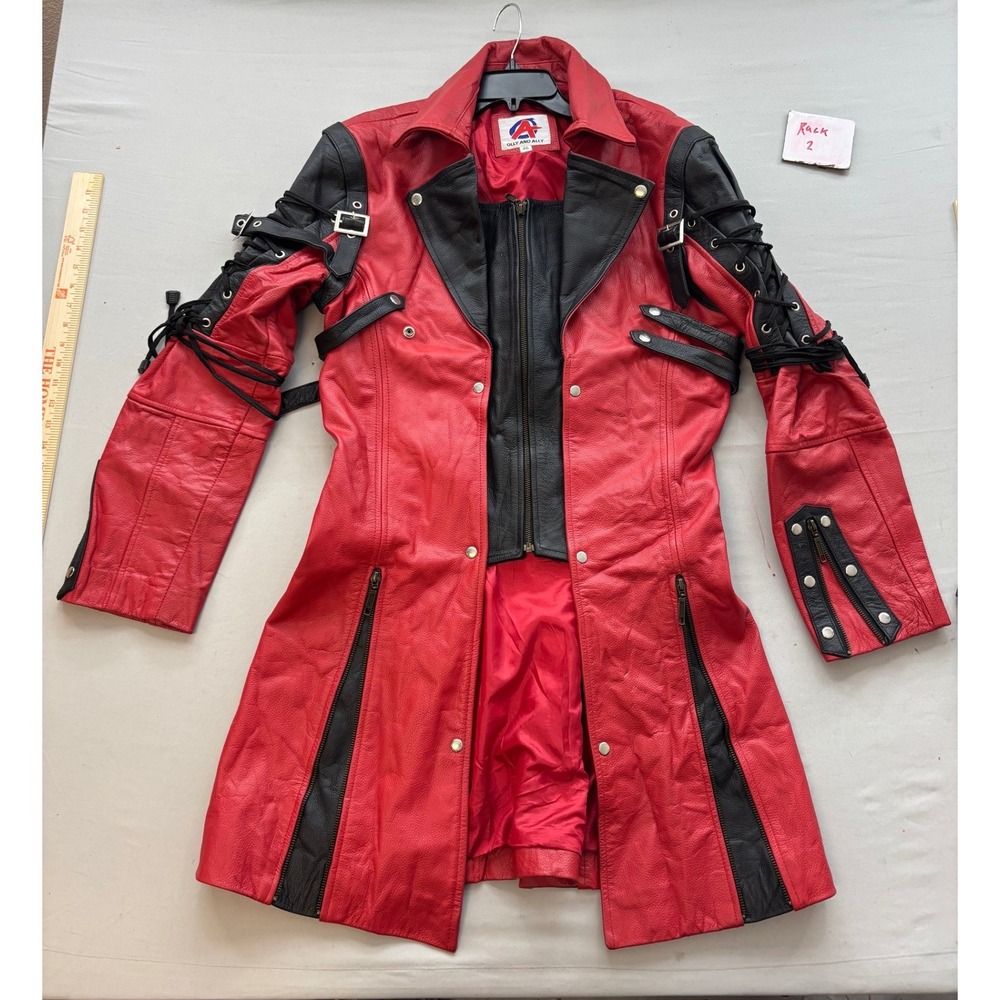 Olly and Ally Red Black Leather Trench Coat Gothic Punk Lace Up Jacket Size 46